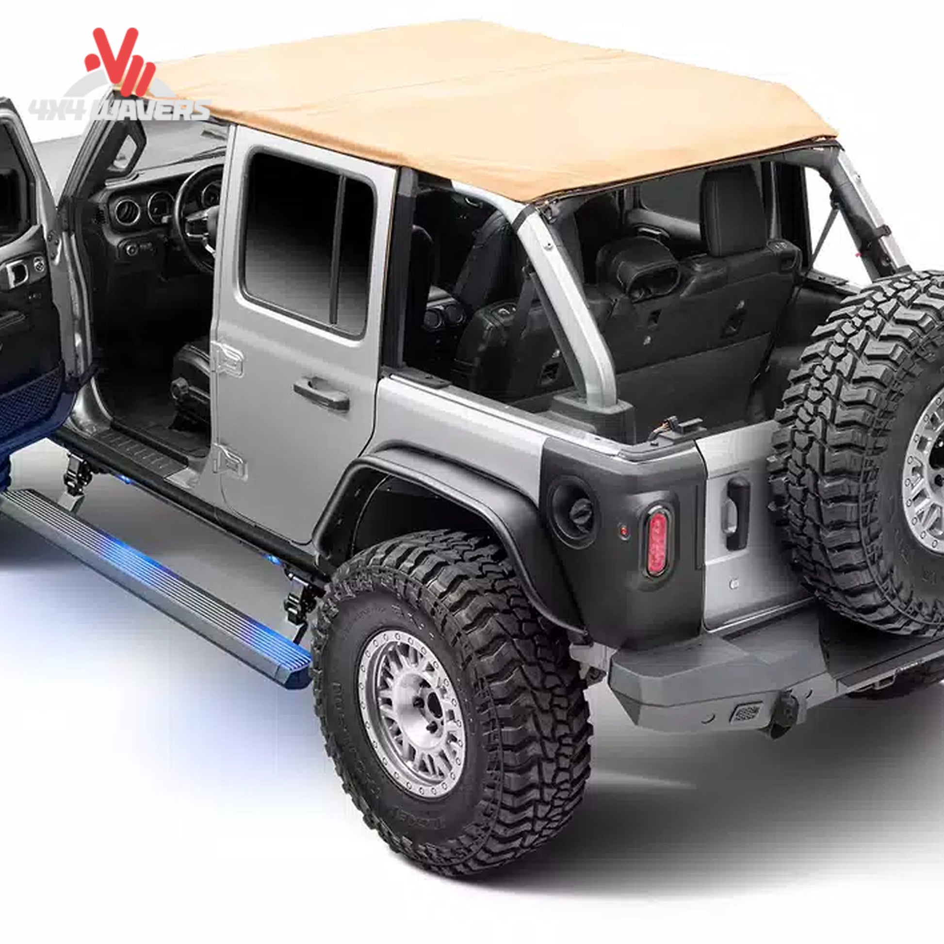 Tablas laterales eléctricas Go Rhino E1 instaladas en un Jeep Wrangler JL de 4 puertas 2018-2025, mostrando estribos laterales elegantes con iluminación integrada