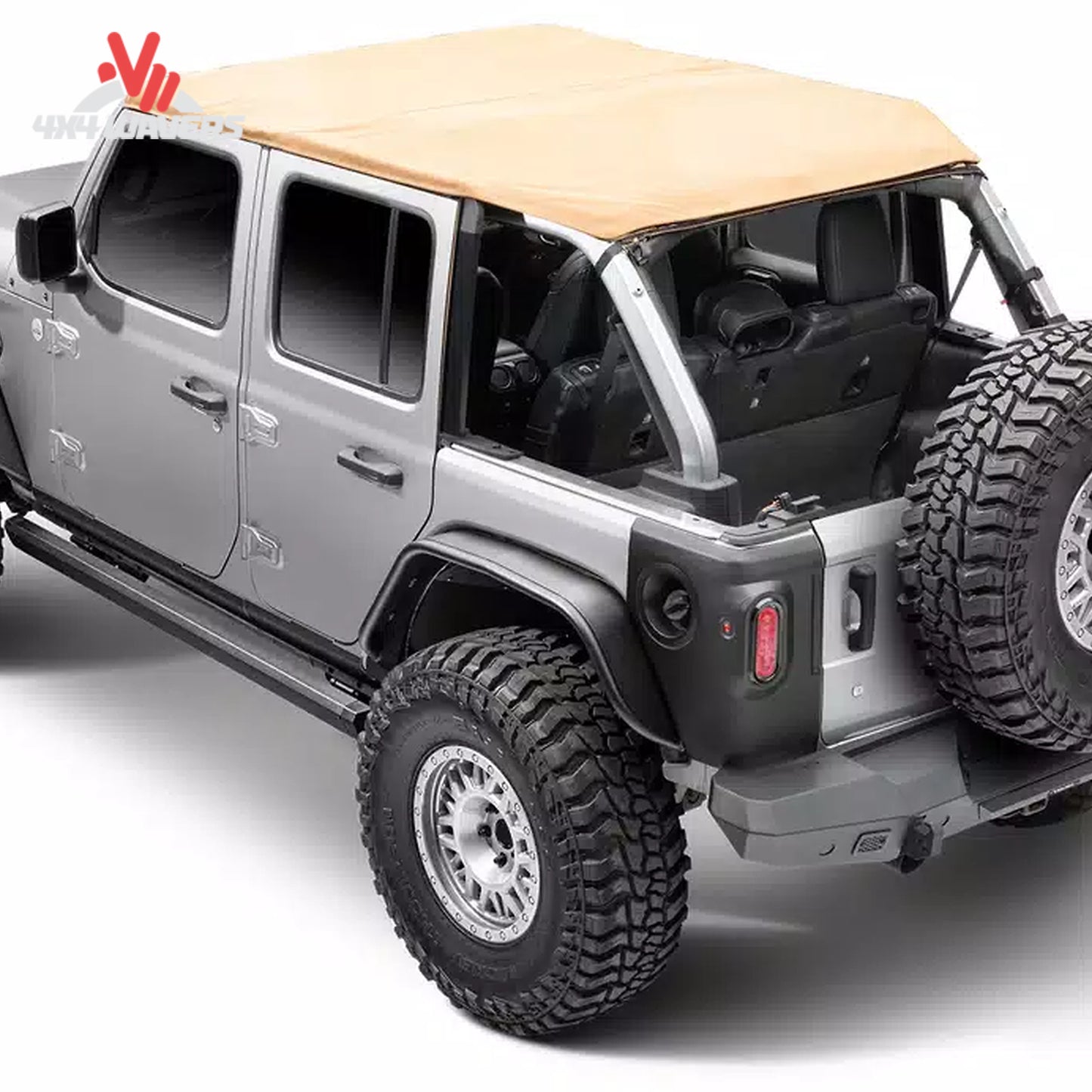 Go Rhino E1 estribos eléctricos instalados en un Jeep Wrangler JL de 4 puertas 2018–2025, mostrando estribos laterales elegantes y duraderos.