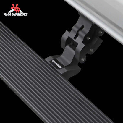 Go Rhino E1 LED lighted electric running boards with anti-slip texture on Ford F-150 and Super Duty Crew Cab trucks