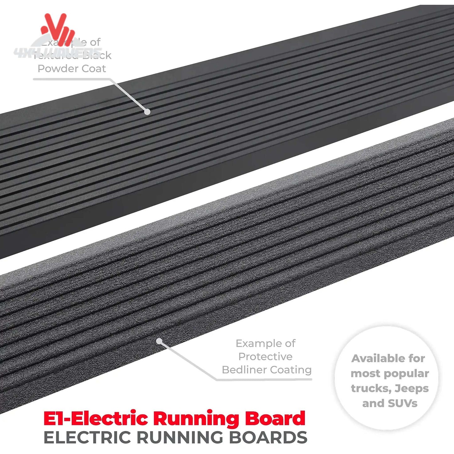 Go Rhino E1 electric power running boards with LED lights and anti-slip texture on a Ford F-150 or Super Duty Crew Cab pickup.