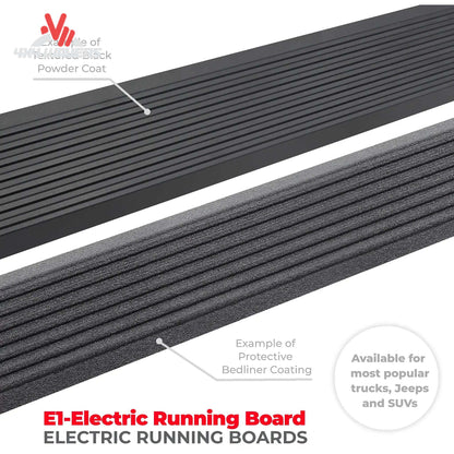 Go Rhino E1 electric power running boards with LED lights and anti-slip texture on a Ford F-150 or Super Duty Crew Cab pickup.