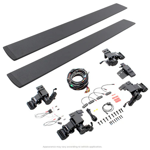 Go Rhino E1 electric running boards with motor system installed on Jeep Wrangler JL 4-door, showcasing brackets and automatic power steps.