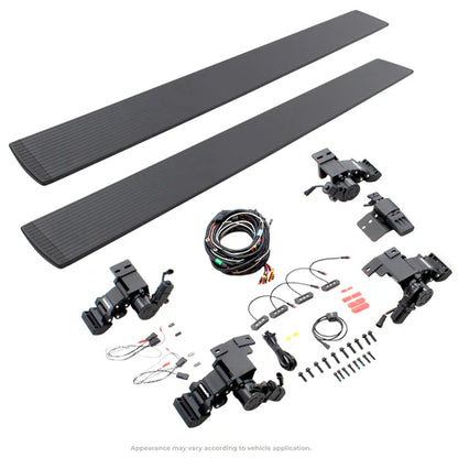 Go Rhino E1 electric running boards with motor system installed on Jeep Wrangler JL 4-door, showcasing brackets and automatic power steps.