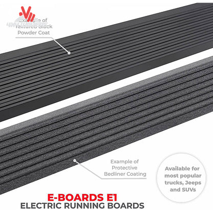Go Rhino E1 estribos eléctricos retráctiles en una Jeep Wrangler JL de dos puertas 2018-2024, mostrando el diseño de peldaño automático.