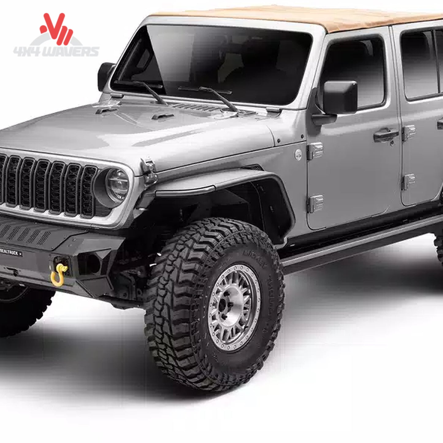 Go Rhino E1 estribos eléctricos retráctiles debajo de un Jeep Wrangler JL de 4 puertas 2018-2025, mostrando un diseño de escalón elegante y la distancia al suelo.