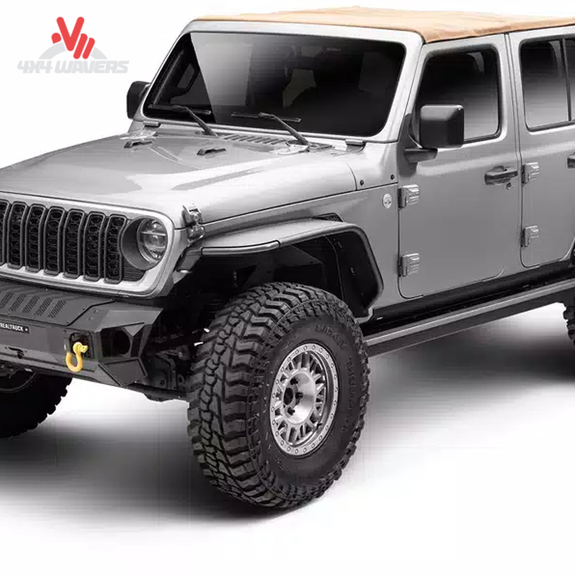 Go Rhino E1 estribos eléctricos retráctiles debajo de un Jeep Wrangler JL de 4 puertas 2018-2025, mostrando un diseño de escalón elegante y la distancia al suelo.