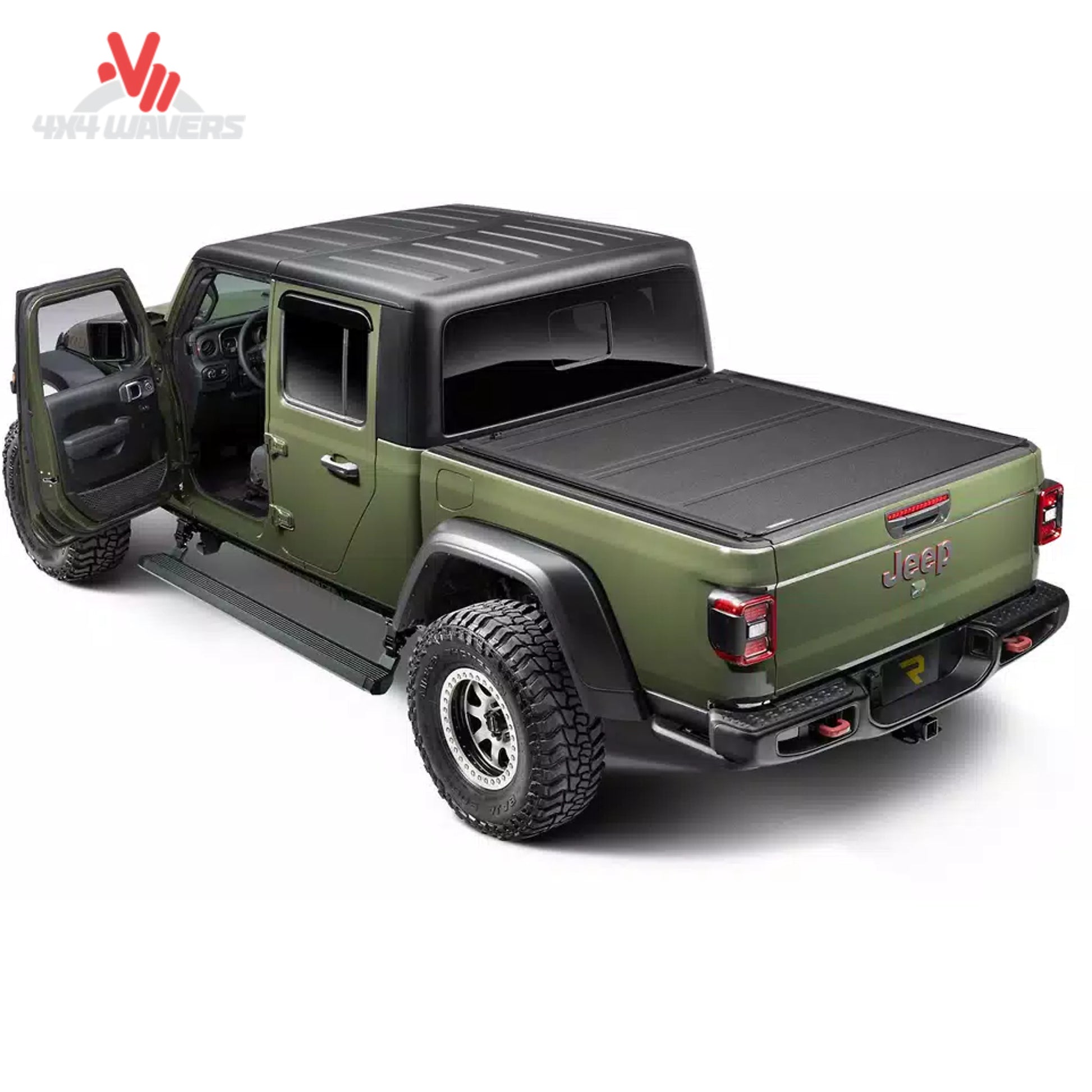 Jeep Gladiator JT equipado con estribos laterales automáticos Go Rhino E-Board E1