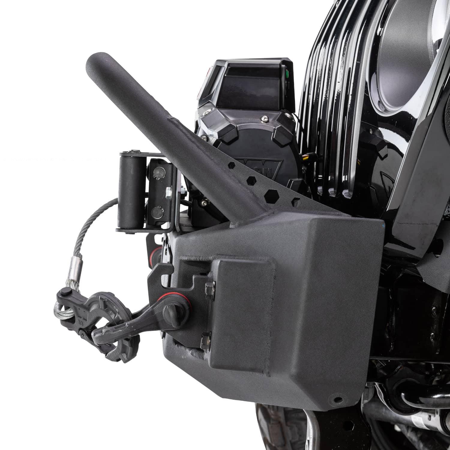 Go Rhino Rockline Stubby front winch bumper with overrider bar installed on Jeep Wrangler JK/JL and Gladiator JT off-road vehicle