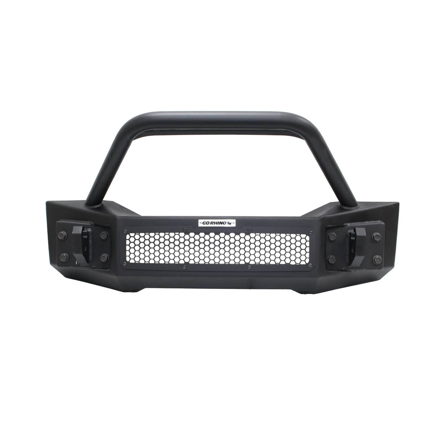 Go Rhino Rockline Stubby Front Winch Bumper with Overrider Bar on a Jeep Wrangler JK/JL and Gladiator JT, front view.