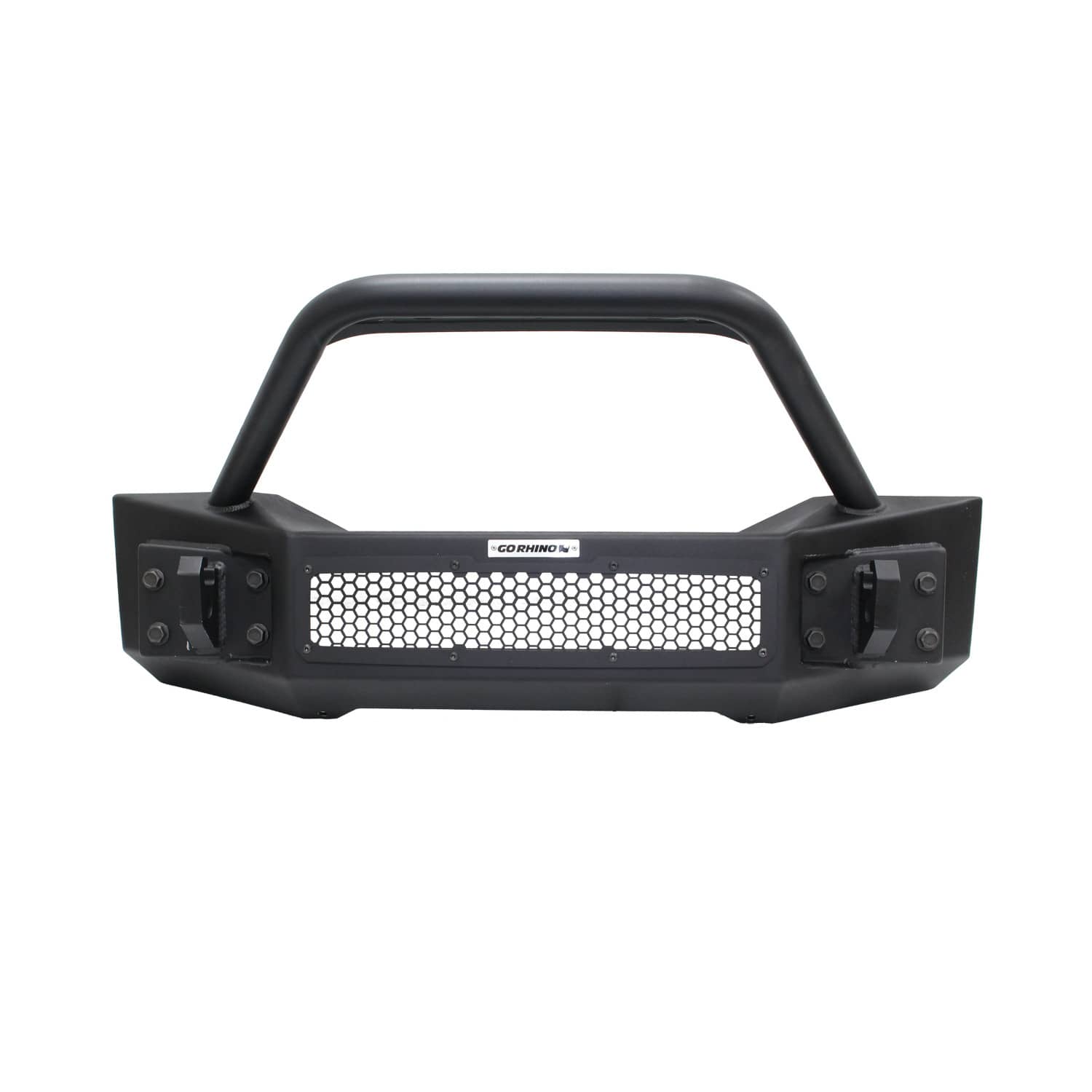 Go Rhino Rockline Stubby Front Winch Bumper with Overrider Bar on a Jeep Wrangler JK/JL and Gladiator JT, front view.