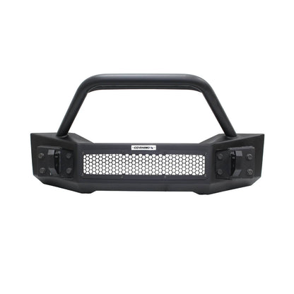 Go Rhino Rockline Stubby Front Winch Bumper with Overrider Bar on a Jeep Wrangler JK/JL and Gladiator JT, front view.
