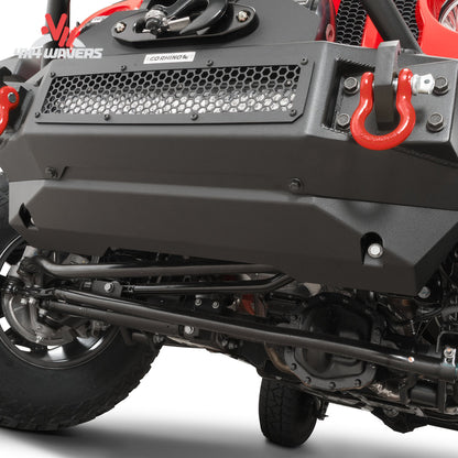 Placa protectora delantera Go Rhino Rockline para Jeep Wrangler JL 2018–2025, guardabarros de acero para mayor protección frontal.