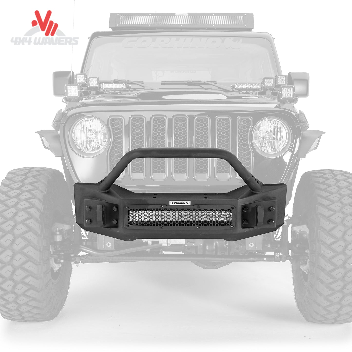 o
Go Rhino Rockline Stubby Winch Bumper con barra protectora para vehículo todoterreno Jeep Wrangler JK/JL y Gladiator JT.