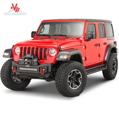 Go Rhino Rockline Stubby parachoques delantero con winch instalado en Jeep Wrangler JL, mostrando construcción de acero duradera y diseño todoterreno.