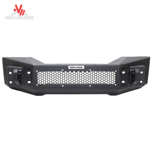 Go Rhino Rockline Stubby front bumper on Jeep Wrangler JL featuring durable steel construction and rugged design.