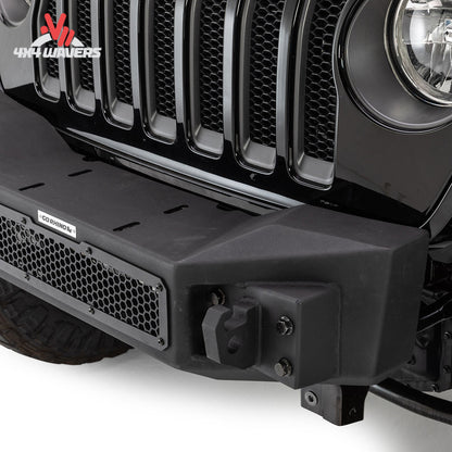 Parachoques de winche Go Rhino Rockline Stubby instalado en un Jeep Wrangler JK, JL y Gladiator JT, mostrando su diseño robusto y compatibilidad con winche.