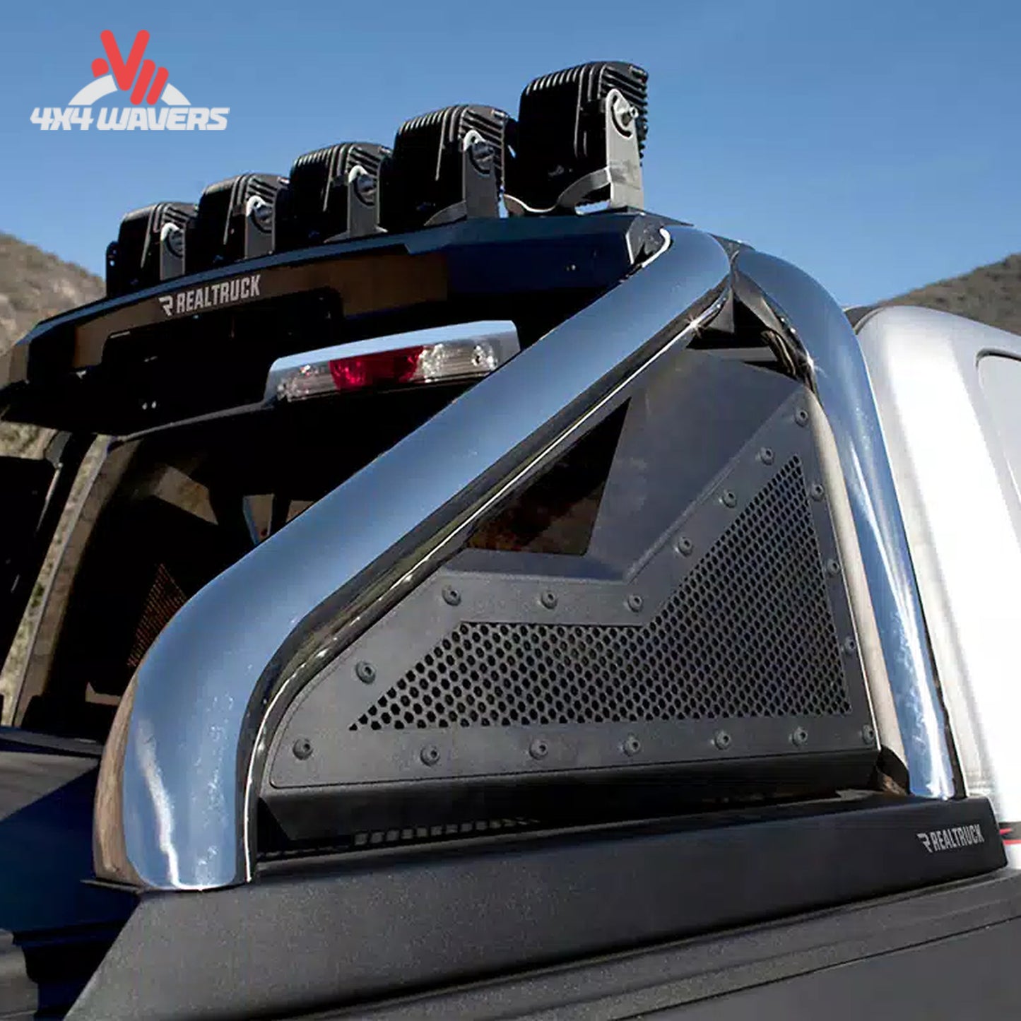 Close-up of Go Rhino Sport Bar 2.0 bed-mounted roll bar with removable side plates on a 2015-2026 Ford F-150 pickup truck.