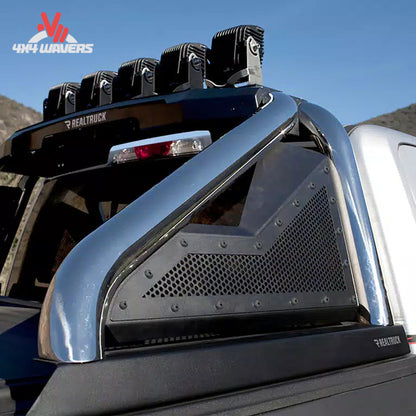 Close-up of Go Rhino Sport Bar 2.0 bed-mounted roll bar with removable side plates on a 2015-2026 Ford F-150 pickup truck.