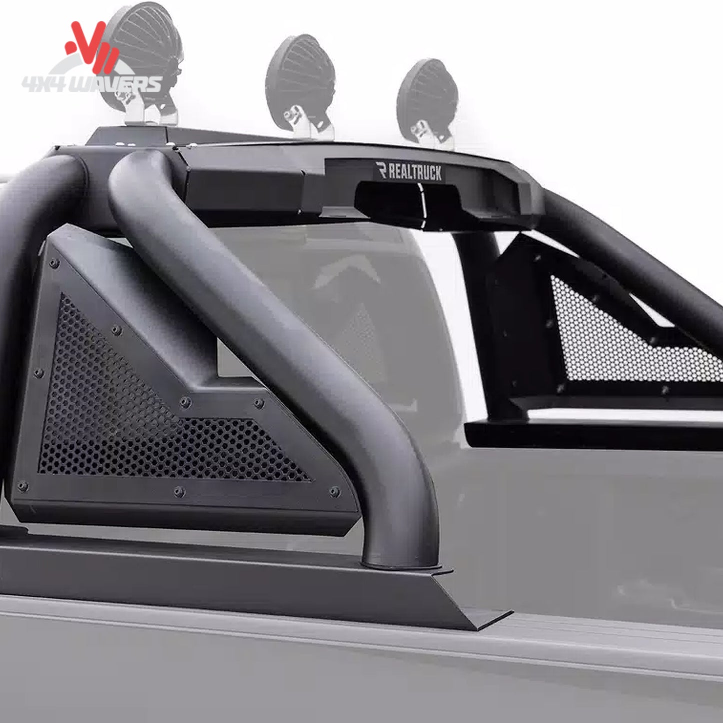 Close-up of Go Rhino Sport Bar 2.0 bed-mounted roll bar with removable side plates on a 2015-2026 Ford F-150 pickup truck.