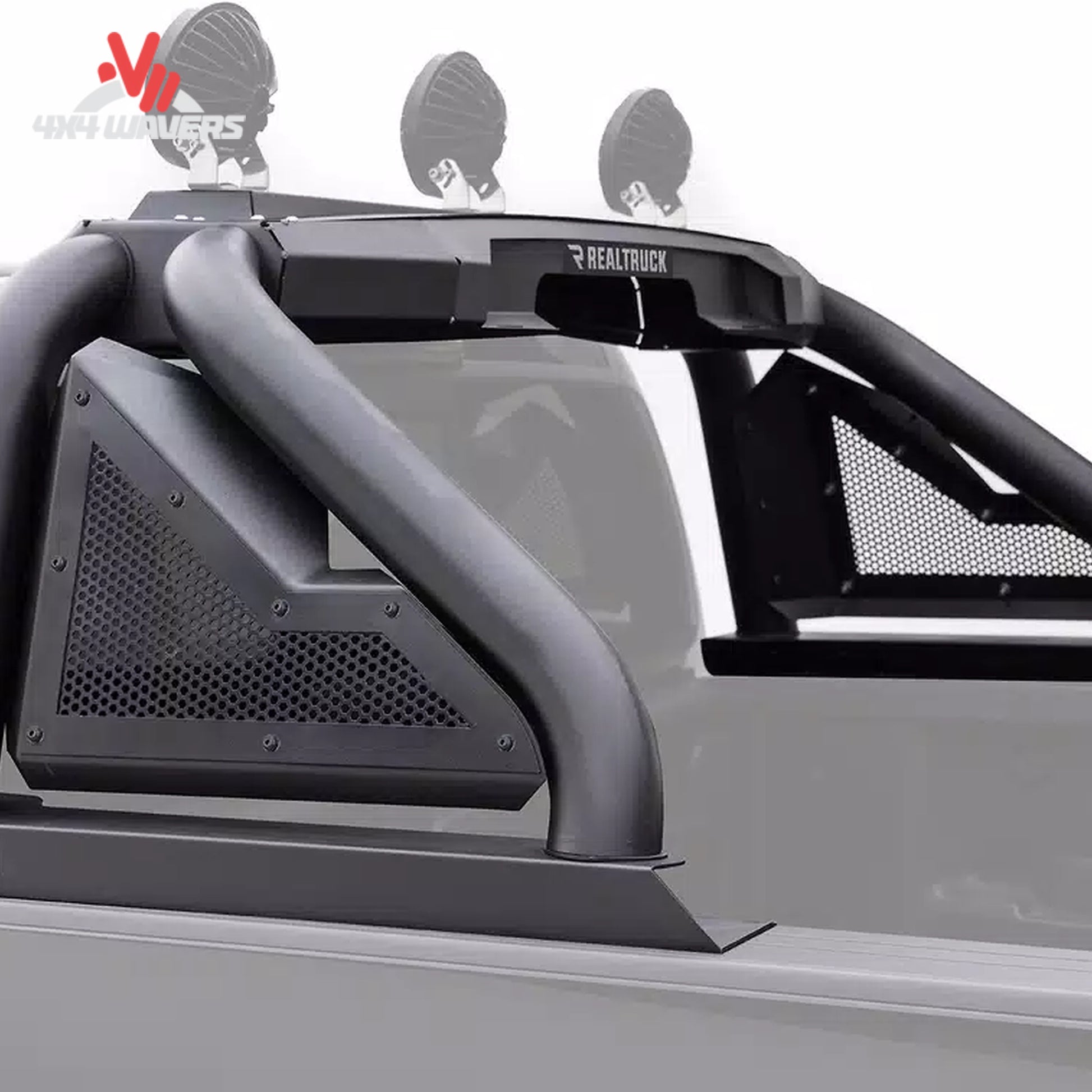 Close-up of Go Rhino Sport Bar 2.0 bed-mounted roll bar with removable side plates on a 2015-2026 Ford F-150 pickup truck.