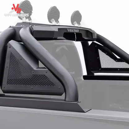 Close-up of Go Rhino Sport Bar 2.0 bed-mounted roll bar with removable side plates on a 2015-2026 Ford F-150 pickup truck.