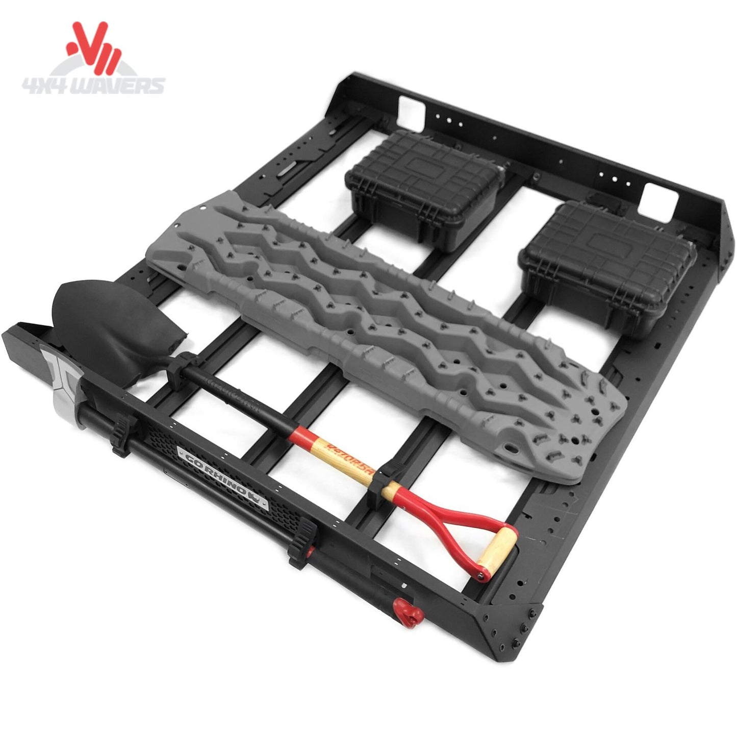Portaequipajes modular Go Rhino SRM448 con barras transversales instalado en un Jeep Wrangler JK y Gladiator JT, mostrando un sistema de portaequipajes duradero.