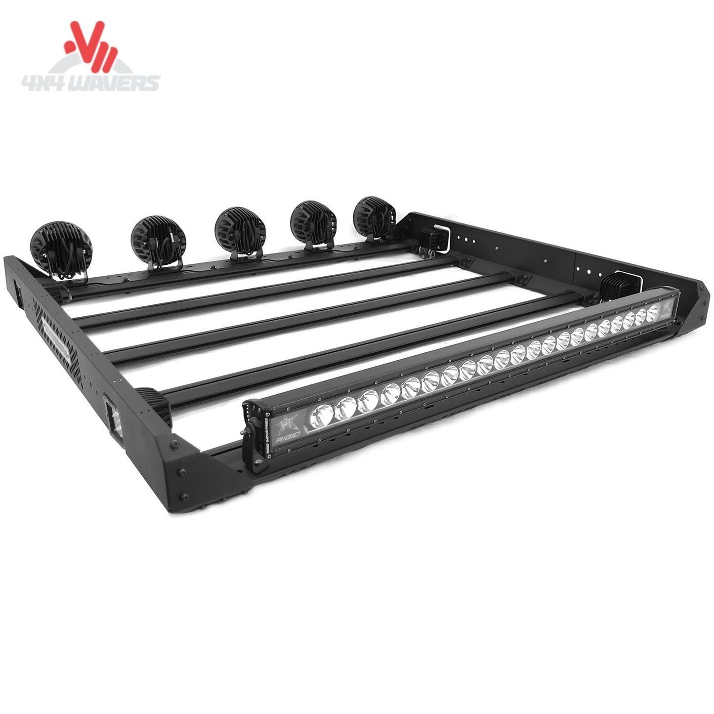 Go Rhino SRM448 portaequipajes modular con soportes LED en un Jeep Wrangler JK, JL y Gladiator JT para transportar equipo al aire libre.