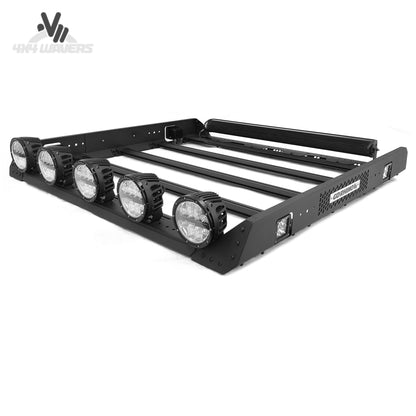 Go Rhino SRM448 portaequipajes modular con soportes LED instalado en un Jeep Wrangler, compatible con los modelos JK, JL y Gladiator JT.