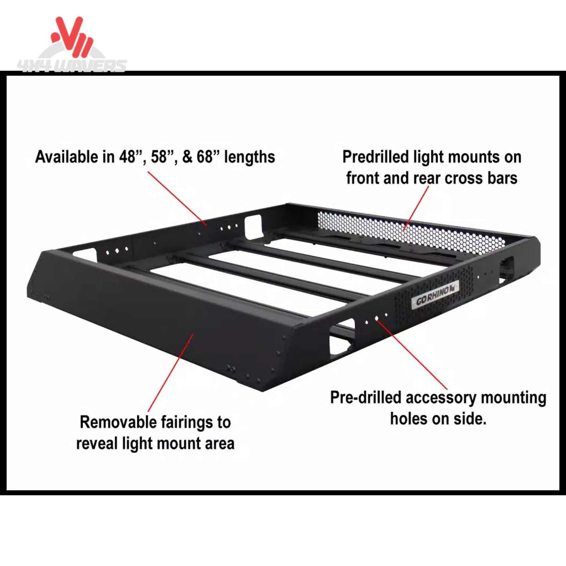 Primer plano de los canales de riel integrados de 4 núcleos Go Rhino SRM468 para montar accesorios de techo