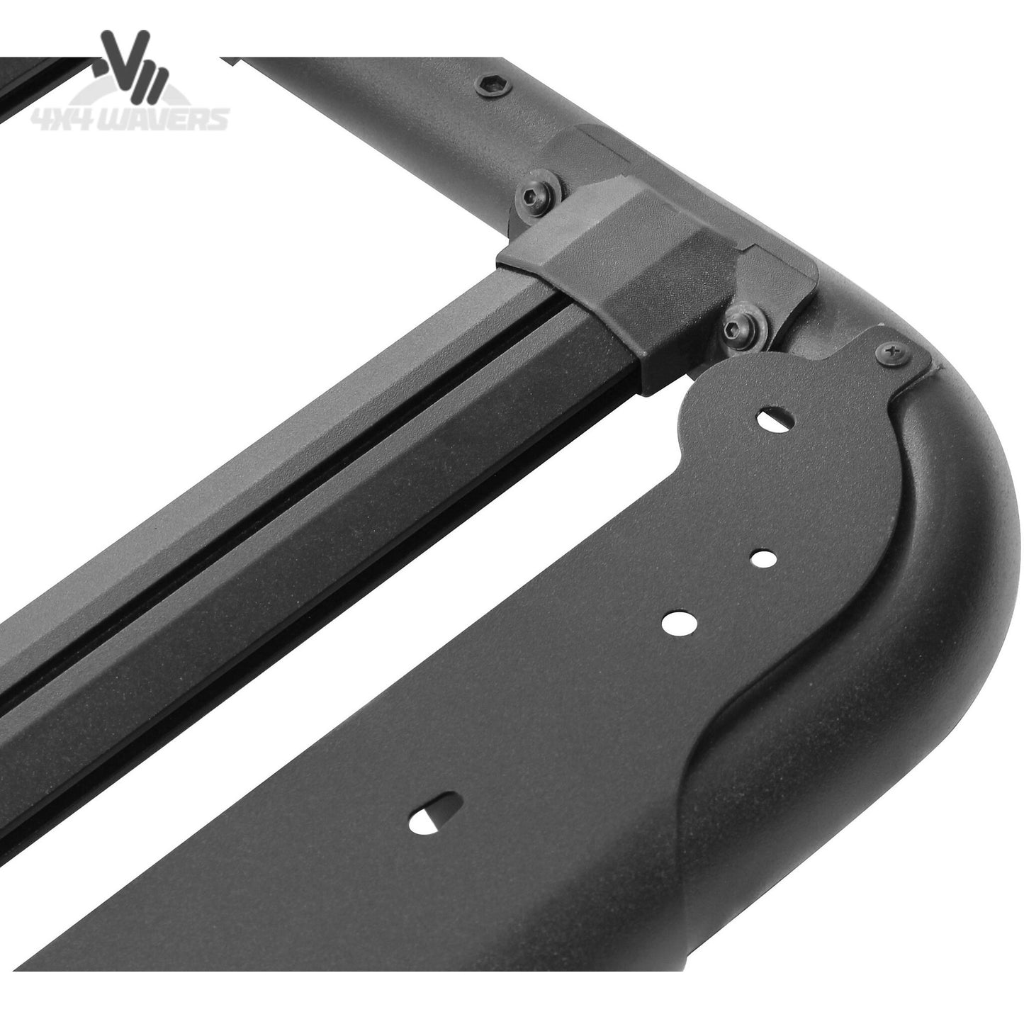 Close-up of the modular Go Rhino SRM500 rooftop accessory mounting channel system