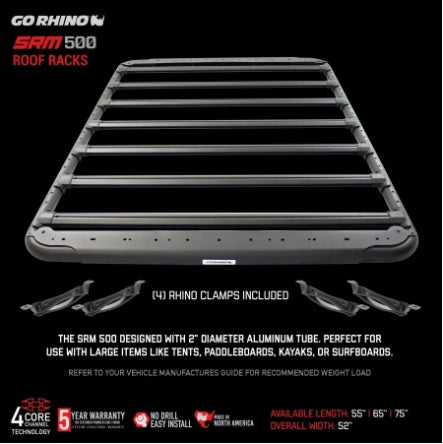 Go Rhino SRM500 55-inch flat platform roof rack installed on a truck, showcasing its sturdy design for SUVs and overland vehicles.