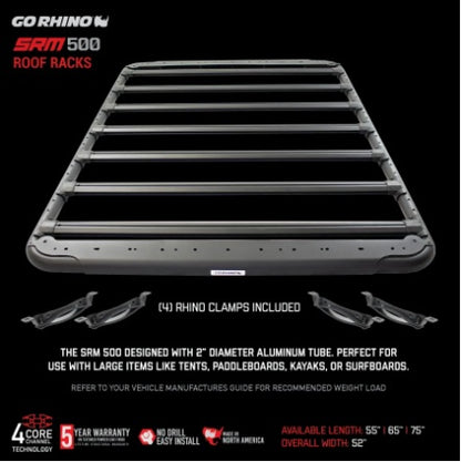 Go Rhino SRM500 55-inch flat platform roof rack installed on a truck, showcasing its sturdy design for SUVs and overland vehicles.