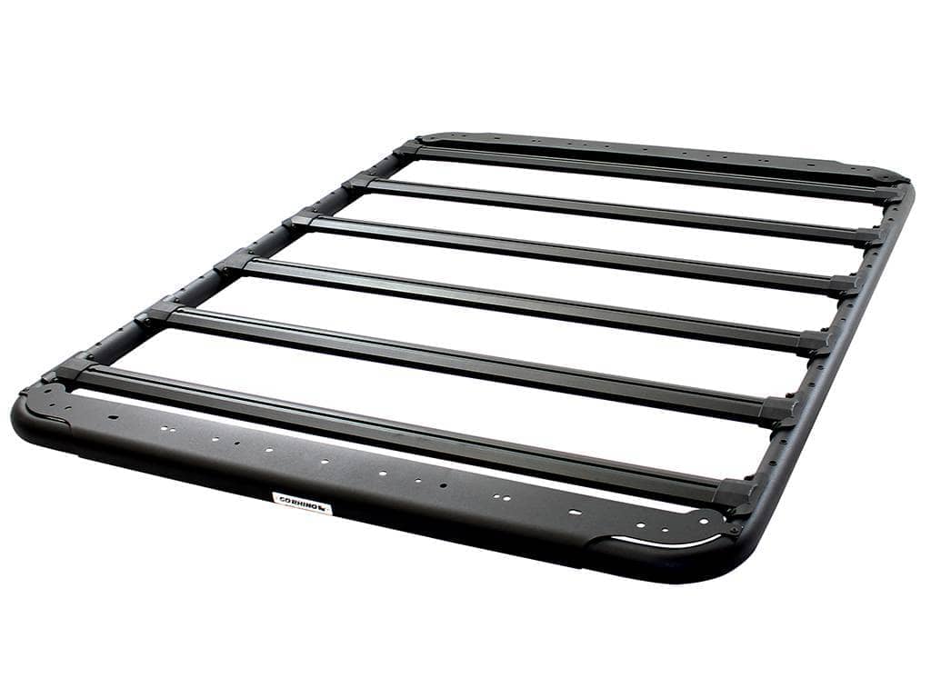 Go Rhino SRM500 65-inch flat platform roof rack on a truck for overlanding and cargo transport, showcasing durable steel construction.