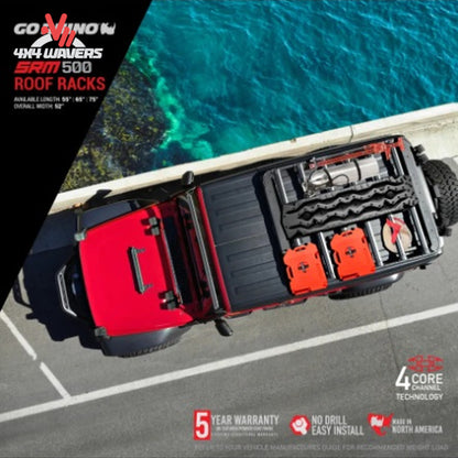 Large Go Rhino SRM500 aluminum expedition roof rack platform featuring integrated cargo tracks, rooftop tent compatibility, and overland gear mounting capability