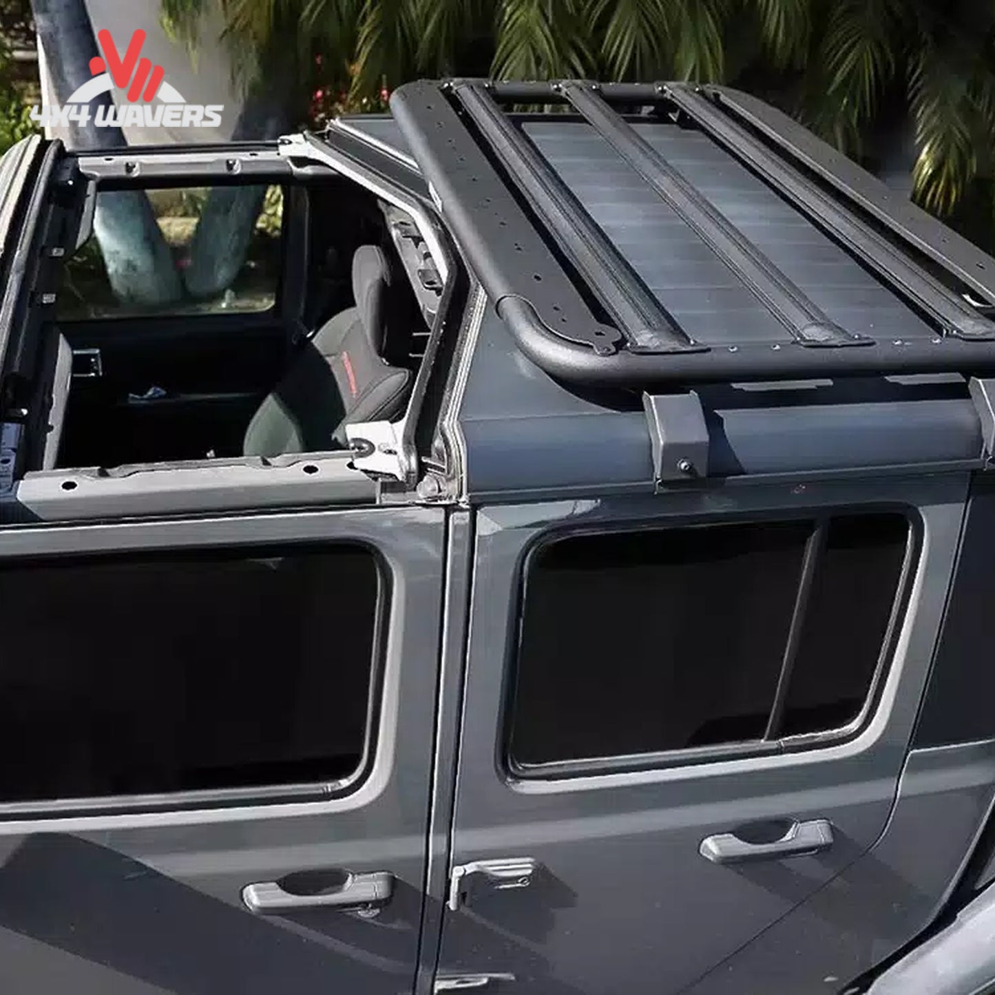 Go Rhino SRM500 Flat Platform Roof Rack on vehicle roof, universal overland cargo system for secure outdoor gear transport.