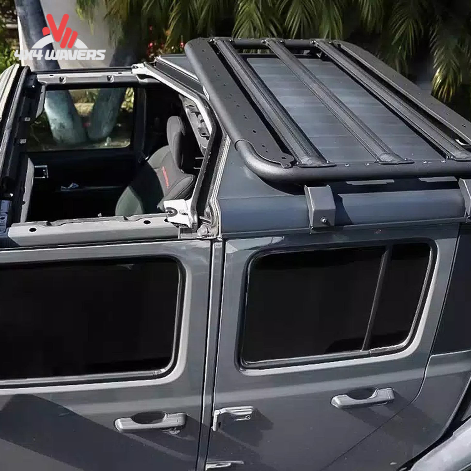 Go Rhino SRM500 Flat Platform Roof Rack on vehicle roof, universal overland cargo system for secure outdoor gear transport.