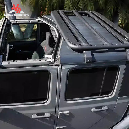 Go Rhino SRM500 Flat Platform Roof Rack on vehicle roof, universal overland cargo system for secure outdoor gear transport.
