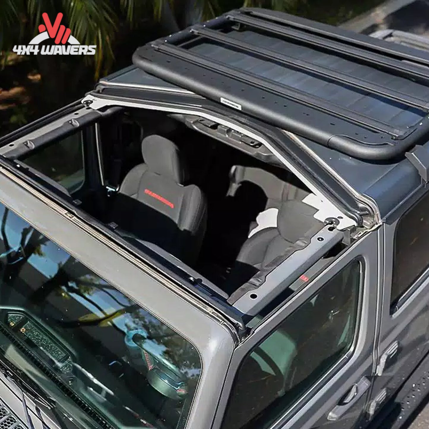 Go Rhino SRM500 Flat Platform Roof Rack mounted on vehicle, showing overland cargo system with durable metal construction.