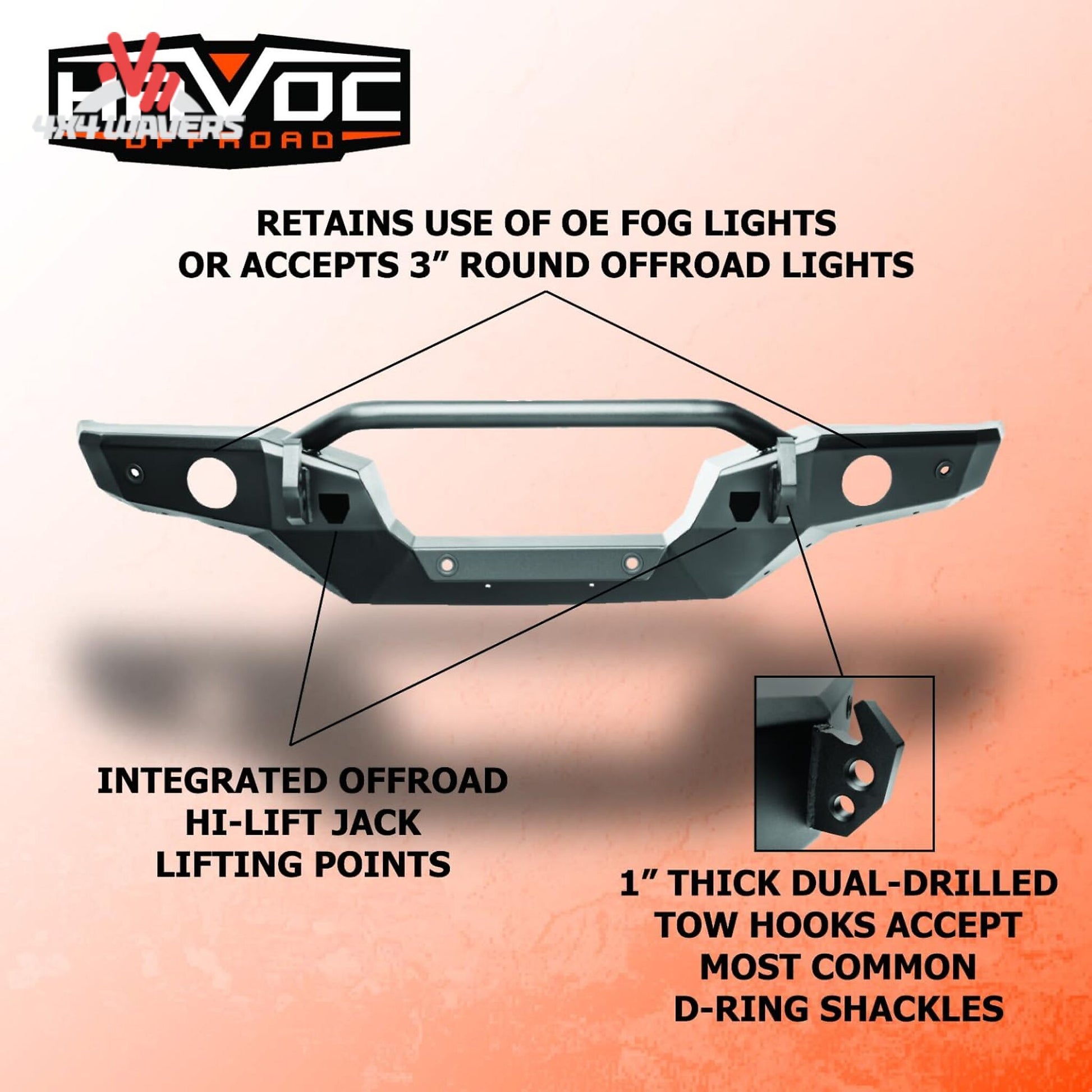 Close-up of reinforced recovery points built into the Havoc Bronco bumper