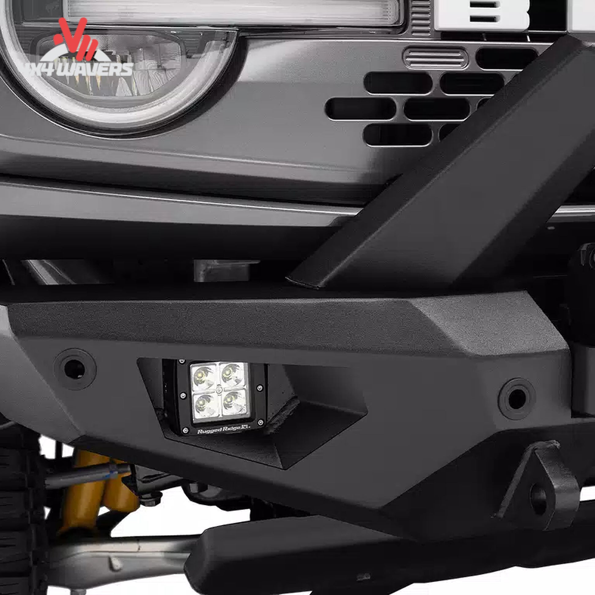 Close-up showing the integrated winch mounting system engineered into the Havoc Bronco bumper