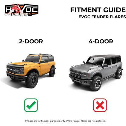 Retro-style Havoc EVOC bolt-on fender flares installed on a two-door Ford Bronco with oversized off-road tires