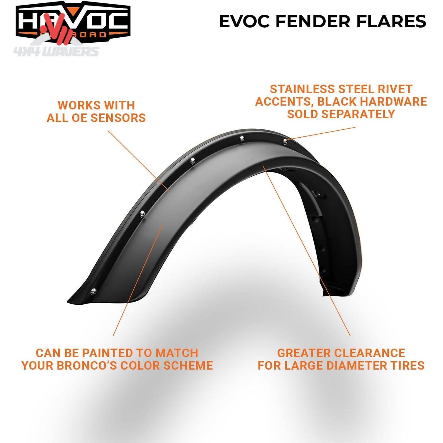 Retro-style Havoc EVOC bolt-on fender flares installed on a two-door Ford Bronco with oversized off-road tires
