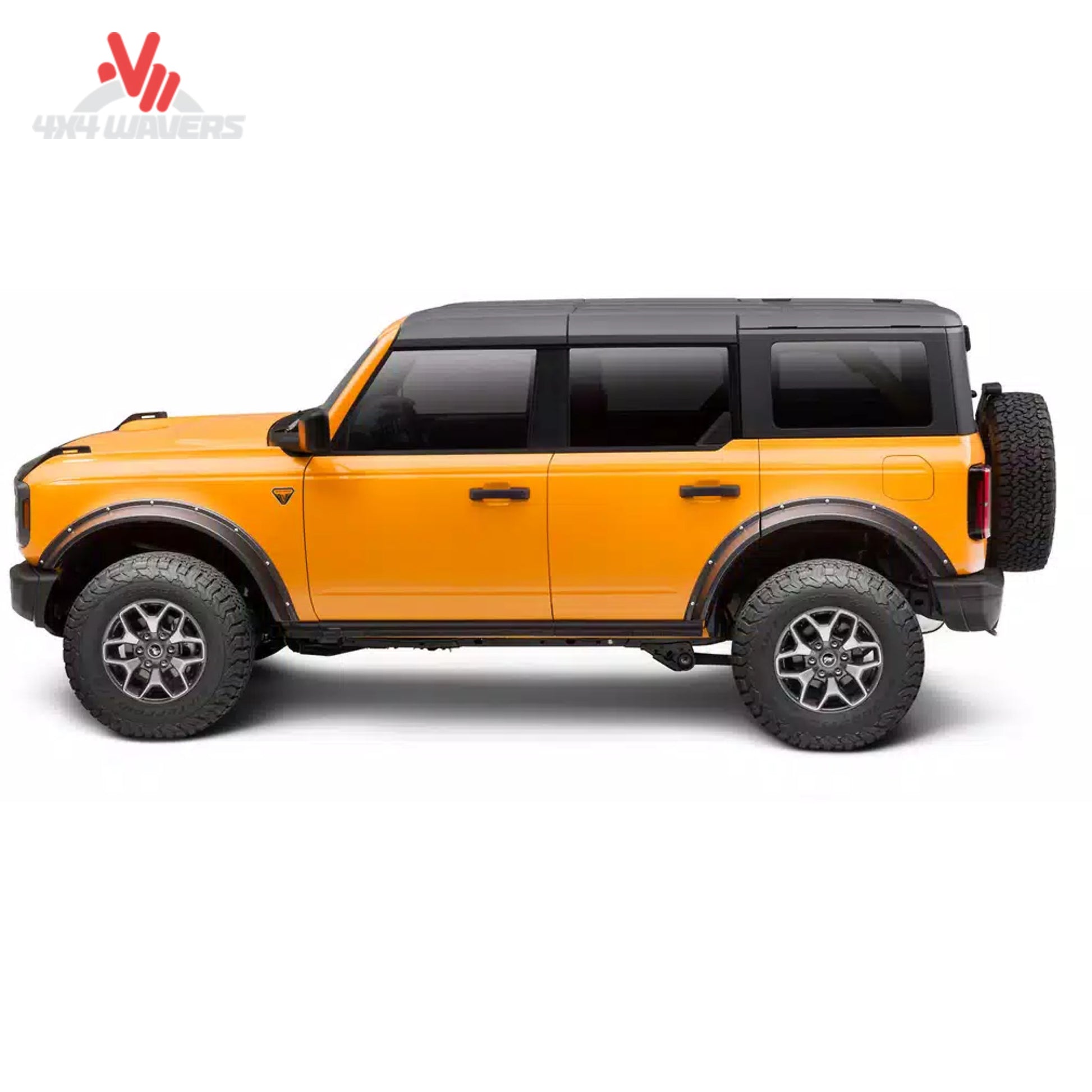Havoc Offroad EVOC bolt-on style fender flares installed on a four-door Ford Bronco with oversized off-road tires