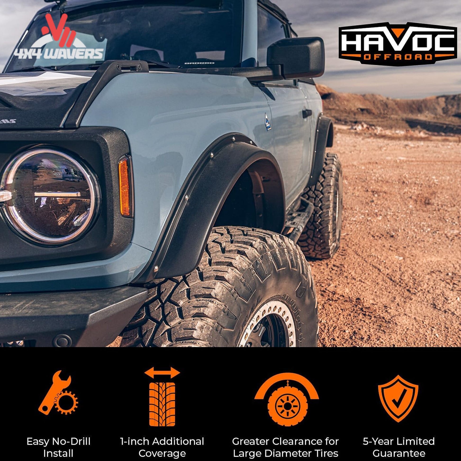 Side view showing wider tire coverage and classic Bronco-inspired styling from Havoc EVOC flares