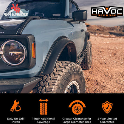 Side view showing wider tire coverage and classic Bronco-inspired styling from Havoc EVOC flares