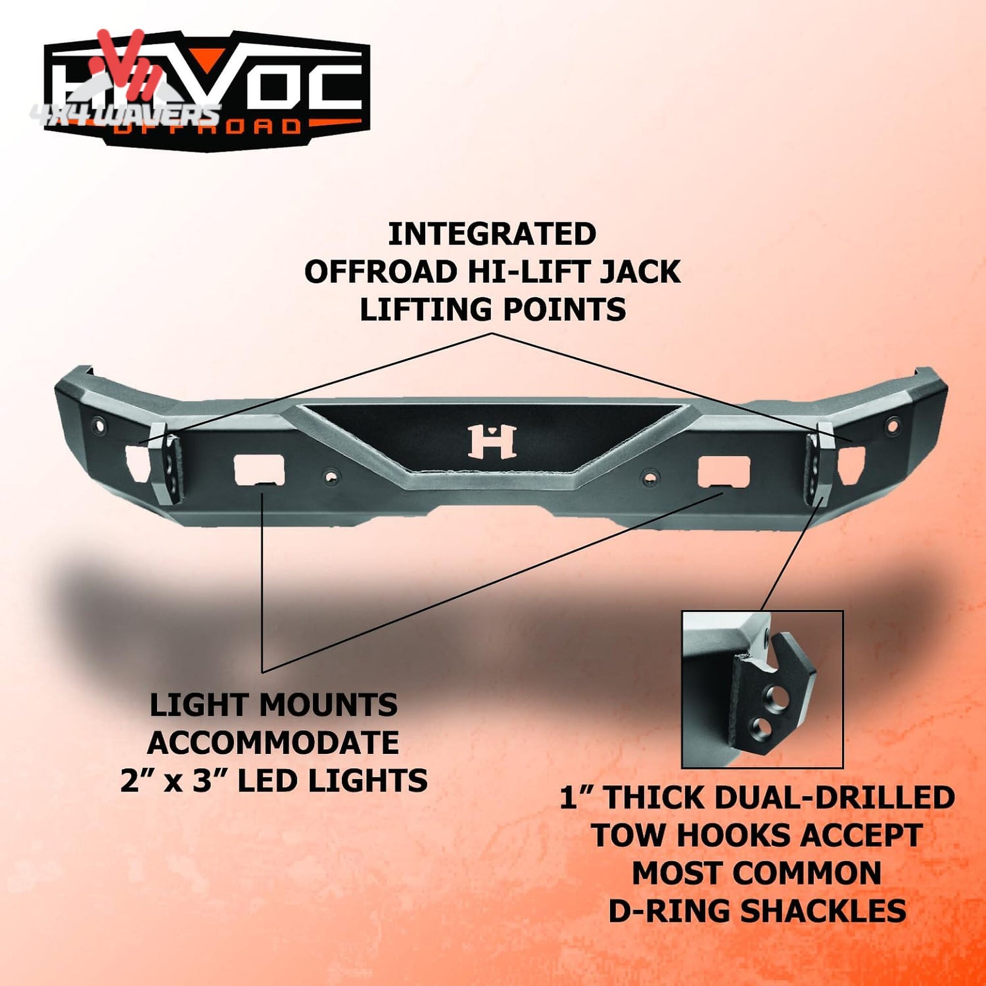 Heavy-duty Havoc Offroad Steel Bender rear bumper installed on a Ford Bronco with recovery points and trail protection