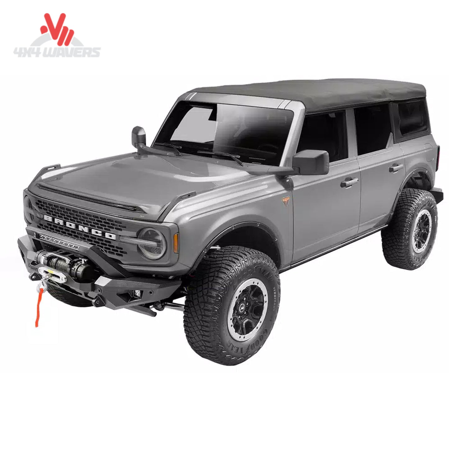 Ford Bronco equipped with Havoc Steel Bender front bumper featuring integrated winch mount and recovery points