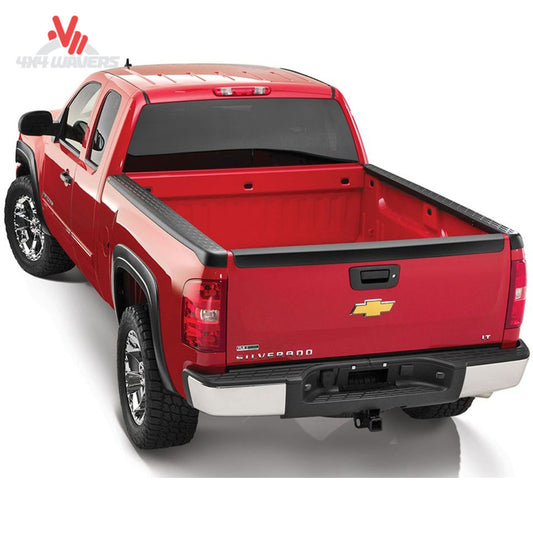 Side perspective of Chevy Silverado truck bed rail protected by Husky solid bed caps SKU 2888016