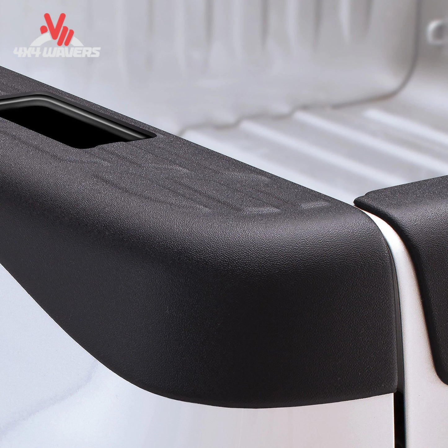 Close-up view of precision pre-cut stake pocket cutout on black bed rail cap SKU 2888010