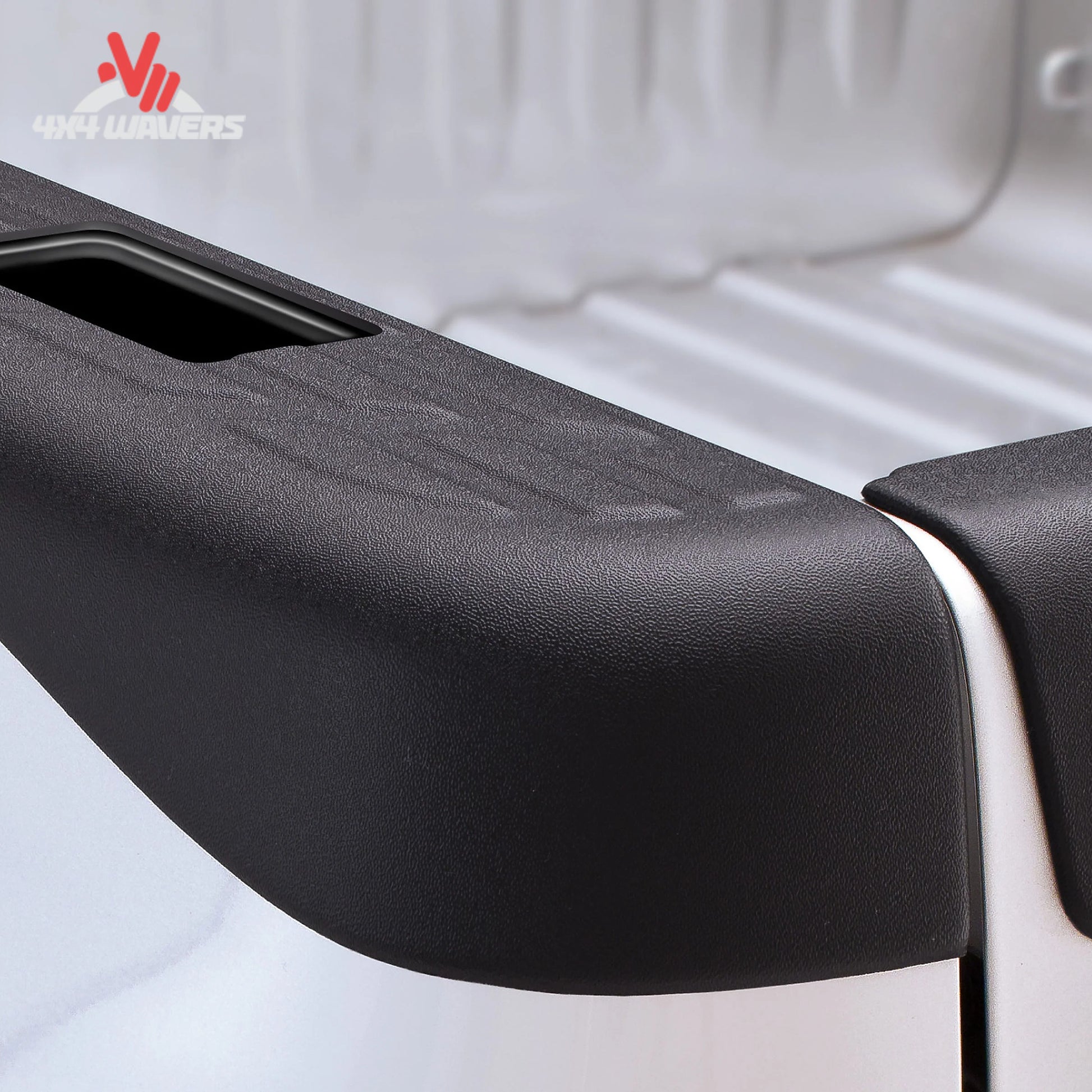Close-up view of precision pre-cut stake pocket cutout on black bed rail cap SKU 2888010